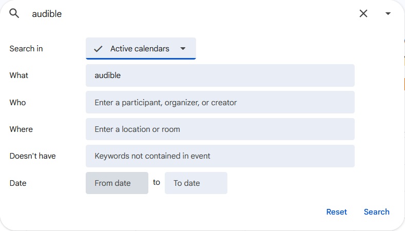 Google Calendar advanced search dialog box